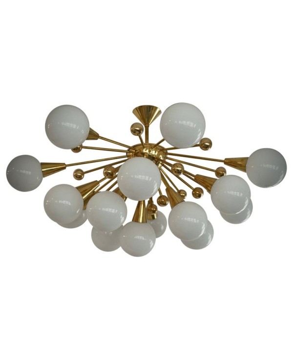 Lampadario Sputnik di Murano in Vetro Artistico Bianco e Ottone