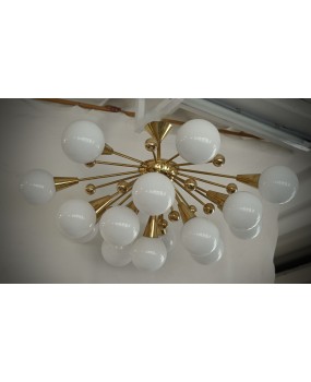 Lampadario Sputnik di Murano in Vetro Artistico Bianco e Ottone