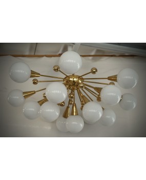 Lampadario Sputnik di Murano in Vetro Artistico Bianco e Ottone