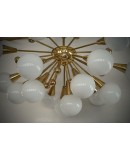 Lampadario Sputnik di Murano in Vetro Artistico Bianco e Ottone