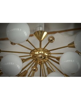 Lampadario Sputnik di Murano in Vetro Artistico Bianco e Ottone