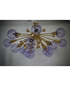 Lampadario Sputnik in Vetro Artistico di Murano e Ottone Color Pervinc