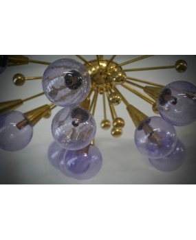 Lampadario Sputnik in Vetro Artistico di Murano e Ottone Color Pervinc