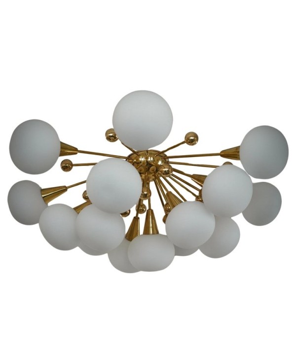 Lampadario Sputnik in Vetro Artistico di Murano Bianco e Ottone