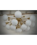 Lampadario Sputnik in Vetro Artistico di Murano Bianco e Ottone