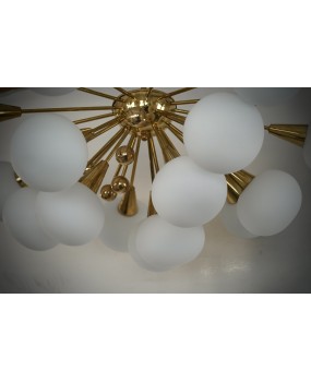 Lampadario Sputnik in Vetro Artistico di Murano Bianco e Ottone