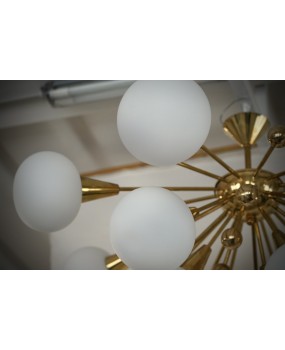 Lampadario Sputnik in Vetro Artistico di Murano Bianco e Ottone