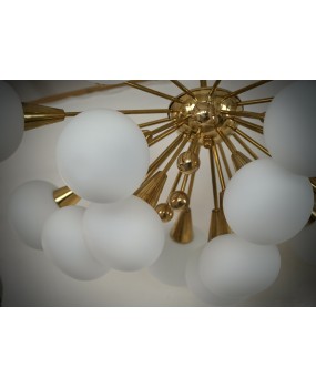 Lampadario Sputnik in Vetro Artistico di Murano Bianco e Ottone