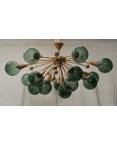 Murano Sputnik Spherical Green Glass and Brass Chandelier and Pendant