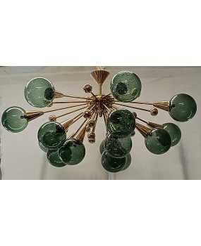 Lampadario Sputnik in Vetro Verde di Murano e Ottone