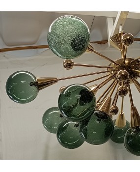 Lampadario Sputnik in Vetro Verde di Murano e Ottone