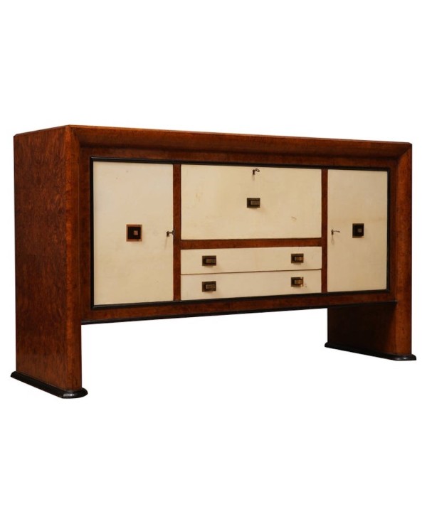 Credenza Art Déco in Radica di Pioppo, Pergamena e Ottone, 1940