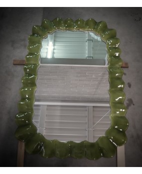 Murano Green Art Glass and Brass Italian Console / Wall Mirror