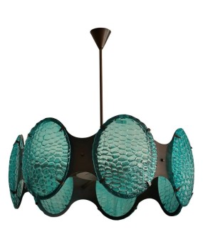 Murano Midcentury Round Glass and Bronze Italian Chandelier and Pendan
