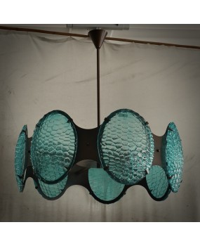 Murano Midcentury Round Glass and Bronze Italian Chandelier and Pendan