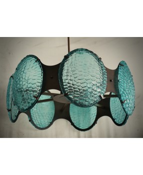 Murano Midcentury Round Glass and Bronze Italian Chandelier and Pendan