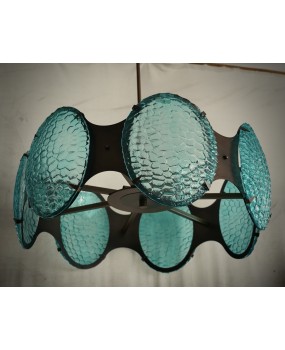 Murano Midcentury Round Glass and Bronze Italian Chandelier and Pendan