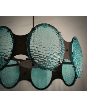 Murano Midcentury Round Glass and Bronze Italian Chandelier and Pendan