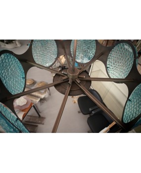 Murano Midcentury Round Glass and Bronze Italian Chandelier and Pendan