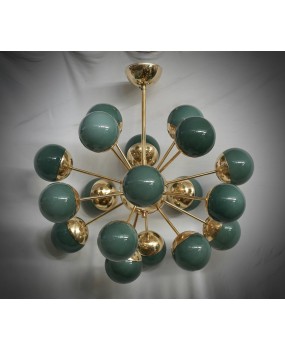 Murano Sputnik Green Glass and Brass Chandelier and Pendant