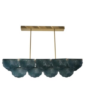 Murano Rectangular Blue Art Glass and Brass Art Deco Chandelier and Pe