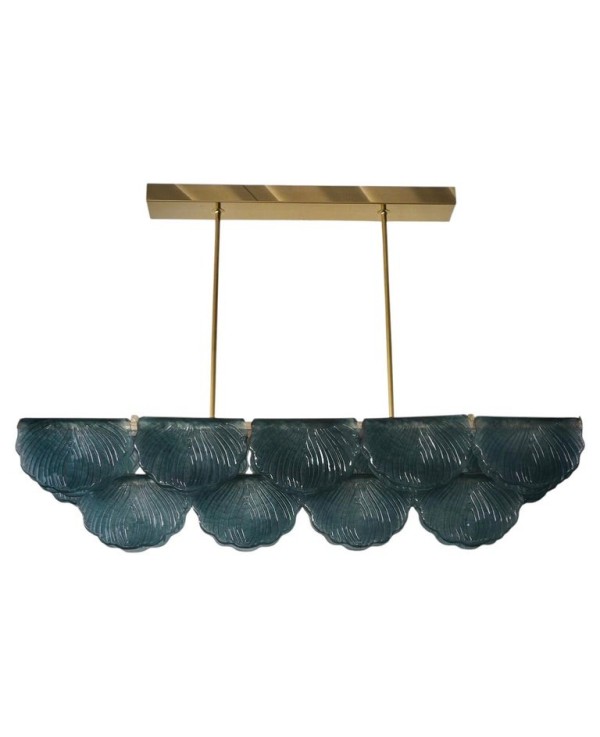 Murano Rectangular Blue Art Glass and Brass Art Deco Chandelier and Pe