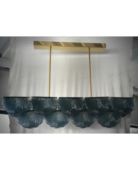 Murano Rectangular Blue Art Glass and Brass Art Deco Chandelier and Pe