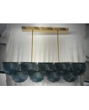 Murano Rectangular Blue Art Glass and Brass Art Deco Chandelier and Pe