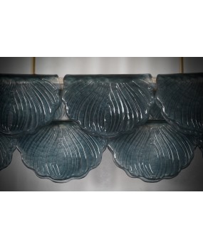 Murano Rectangular Blue Art Glass and Brass Art Deco Chandelier and Pe