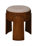 Art Deco Round Ash Wood and White Boucle Pouf and Ottoman Seat