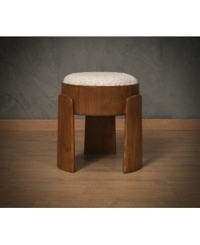 Pouf Art Déco Rotondo in Legno di Frassino e Tessuto Bouclé Bianco