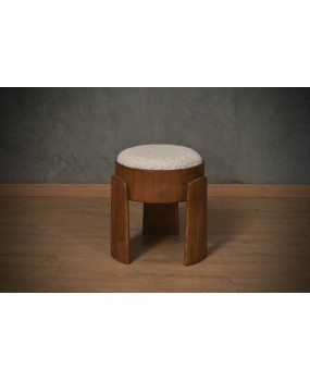 Art Deco Round Ash Wood and White Boucle Pouf and Ottoman Seat