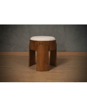 Art Deco Round Ash Wood and White Boucle Pouf and Ottoman Seat