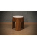 Art Deco Round Ash Wood and White Boucle Pouf and Ottoman Seat