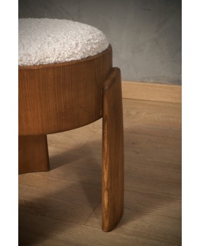 Pouf Art Déco Rotondo in Legno di Frassino e Tessuto Bouclé Bianco