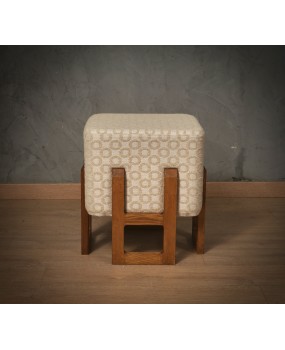 Pouf Art Déco in Legno e Tessuto Bianco Crema