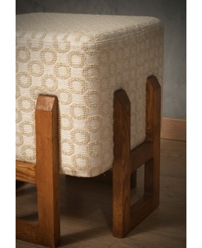 Pouf Art Déco in Legno e Tessuto Bianco Crema