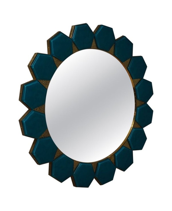 Specchio da parete Art Déco in Vetro Blu di Murano e Ottone