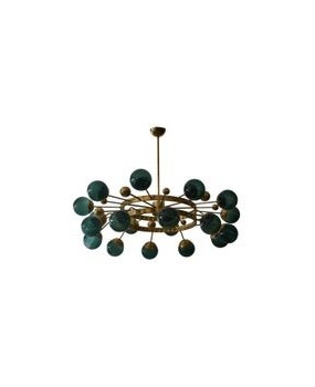 Murano Sputnik Green Art Glass and Brass Art Deco Chandelier and Penda
