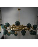 Murano Sputnik Green Art Glass and Brass Art Deco Chandelier and Penda