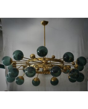 Murano Sputnik Green Art Glass and Brass Art Deco Chandelier and Penda