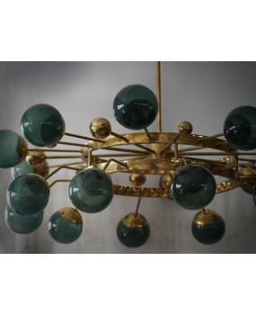 Murano Sputnik Green Art Glass and Brass Art Deco Chandelier and Penda