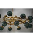 Murano Sputnik Green Art Glass and Brass Art Deco Chandelier and Penda