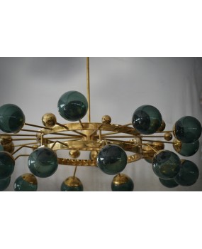 Murano Sputnik Green Art Glass and Brass Art Deco Chandelier and Penda