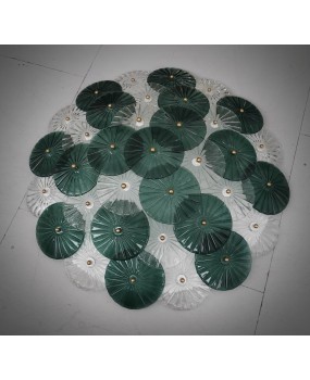 Murano Art Deco Glass Transparent and Green Chandelier and Ceiling Lig