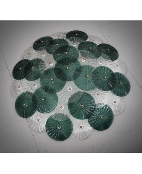 Murano Art Deco Glass Transparent and Green Chandelier and Ceiling Lig