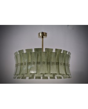 Lampadario Rotondo in Vetro Artistico Verde di Murano e Ottone