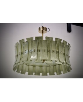 Lampadario Rotondo in Vetro Artistico Verde di Murano e Ottone