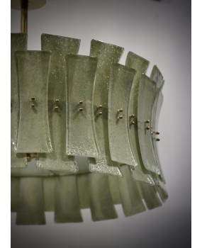 Murano Green Art Glass and Brass Round Mid-Century Chandelier and Pend