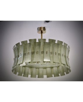 Lampadario Rotondo in Vetro Artistico Verde di Murano e Ottone